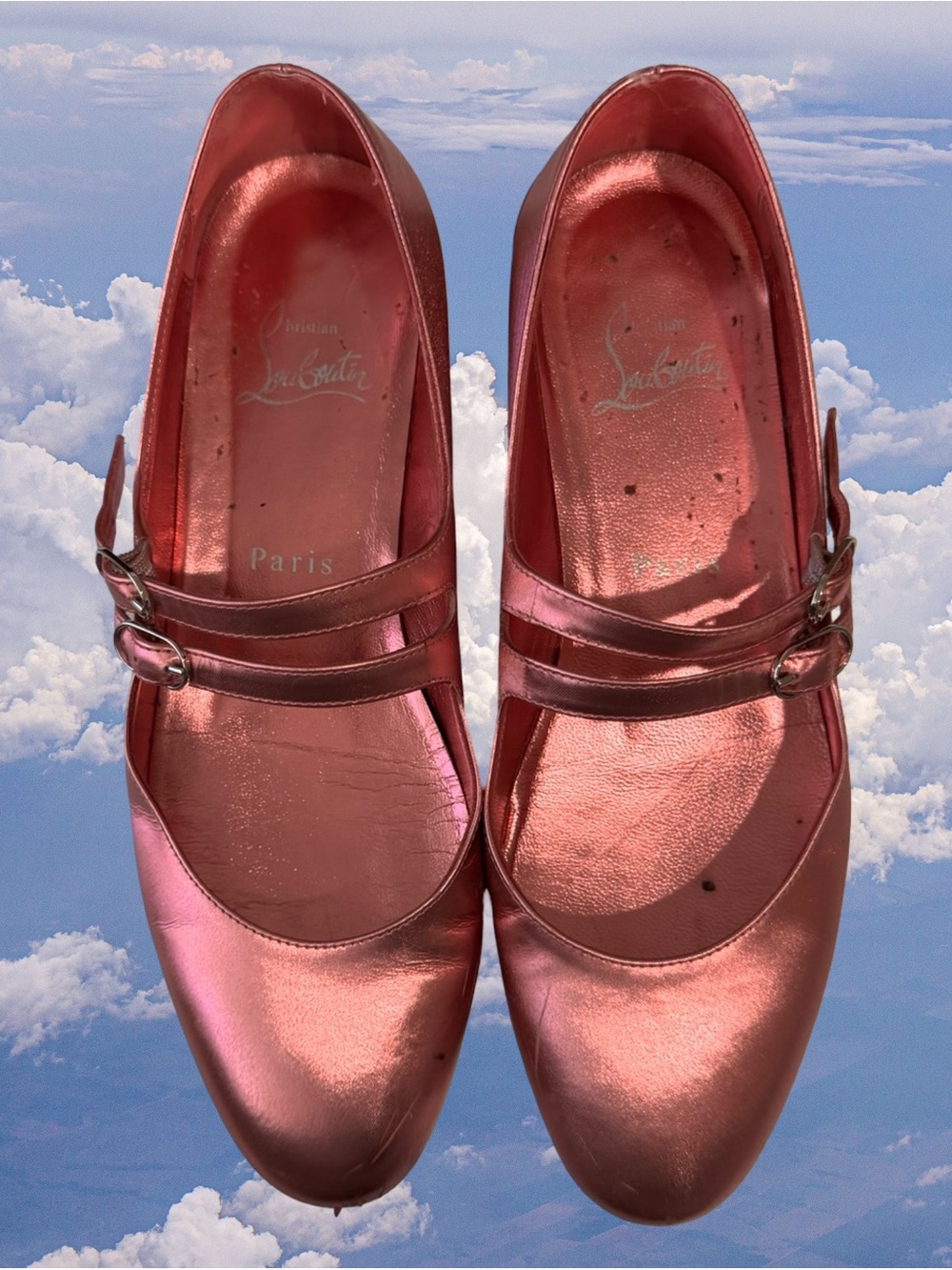 Christian Louboutin Metallic Rose Pink Double-Strap Mary Jane Flats